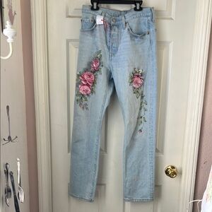 Hand painted rose Light Blue Jeans